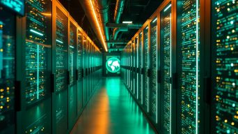 Beleuchteter Gang in einem Rechenzentrum